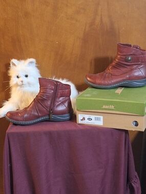 Earth Burgundy Leather Ankle Boots with Button Detail